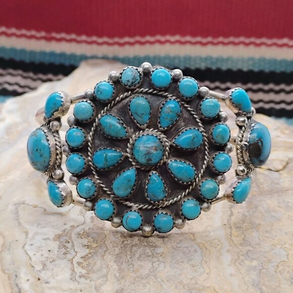 Running Bear Jewelry - Native Navajo Running Bear Sterling Silver Turquoise Cluster Cuff Bracelet 37.4g